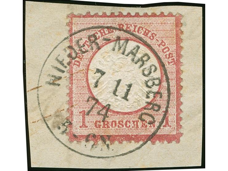 1 Gr. karmin mit Plattenfehler “gebrochenes H in GROSCHEN”, mit klarem EKr. “NIEDER-MARSCHBERG 7.11.74”. Die farbfrische Mark