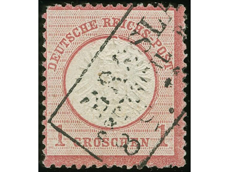 1872, 1 Gr. karmin mit Plattenfehler “Kreisbruch unter E in REICHS”, mit Teil-Rahmenstempel “BRESLAU….8.9…”. Die farbfrische 