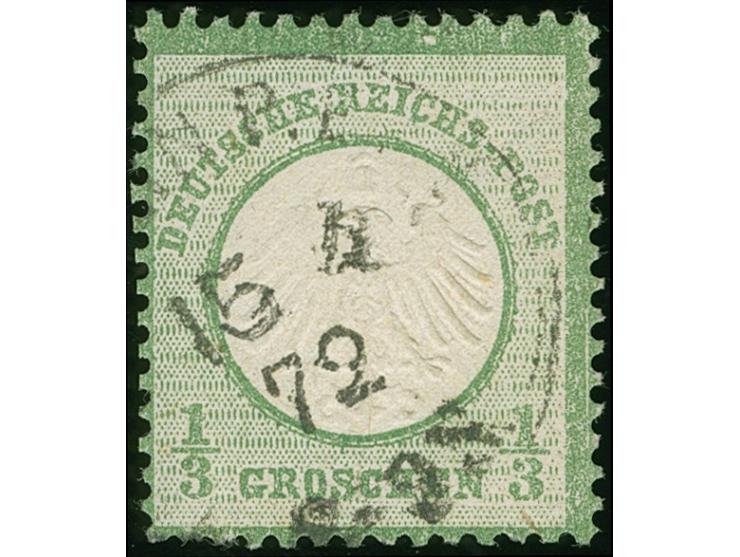 1872, ⅓ Gr. dunkelgrünlicholiv mit Plattenfehler “heller Fleck im oberen Rahmen über C in REICHS” (Feld 51), mit EKr. “BERLIN