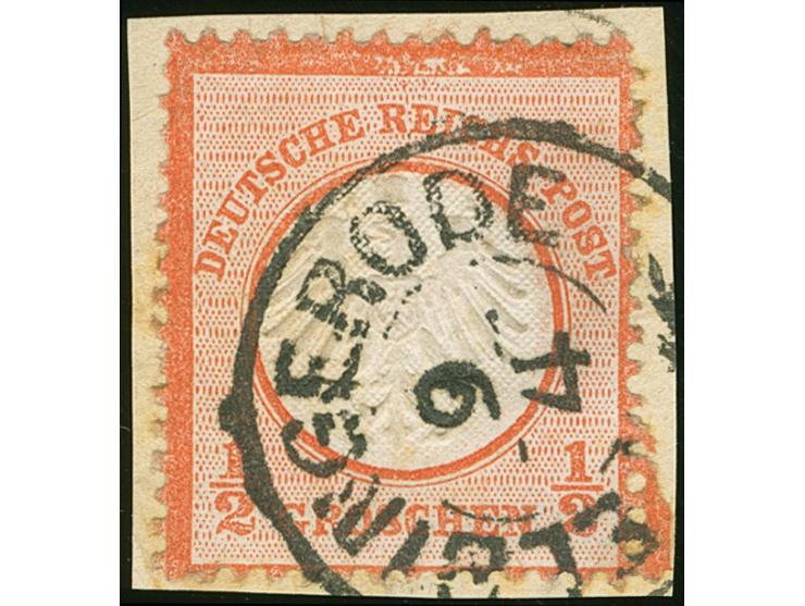 1872, ½ Gr. rötlichorange mit Plattenfehler “helle Punkte im Rahmen oben in der Mitte” (Feld 66), mit DKr. “ELBINGERODE 9.4.”