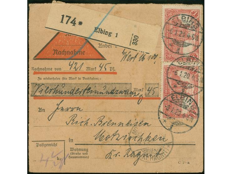 „MOTZISCHKEN * (Kr. RAGNIT) * -9.1.20“ vorderseitig als Ankunftsstempel auf Nachnahme-Paketkarte aus Elbing, etwas fleckig, e