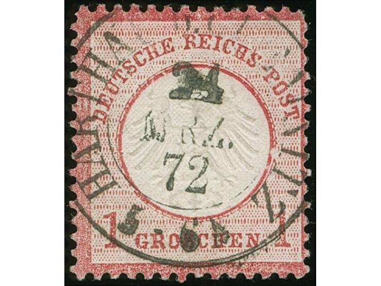 1872, 1 Gr. karmin mit Plattenfehler “Kreisbrüche unter CHE in DEUTSCHE” (Feld 2), mit DKr. “HARTHAU b. CHEMNITZ 24.MRZ.72”. 