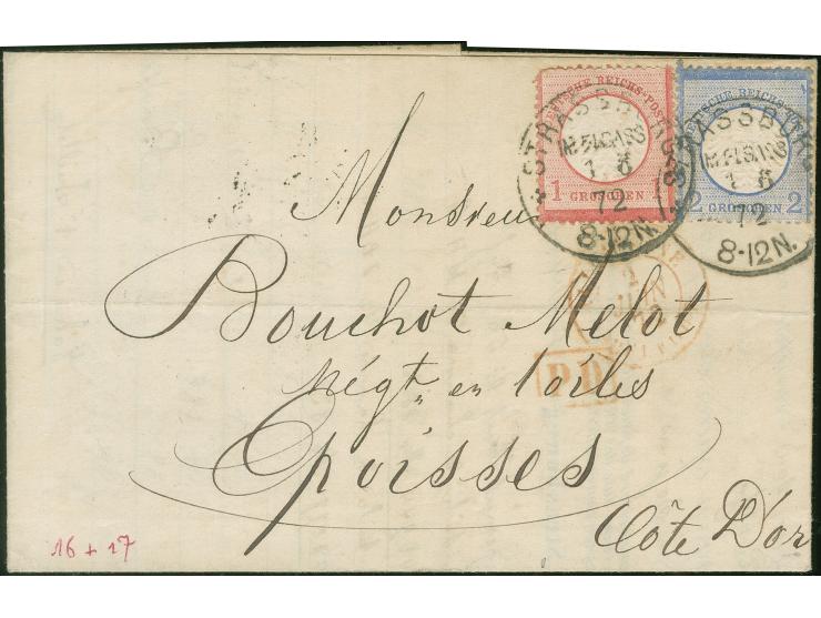 1872, 2 Gr. grauultramarin mit Plattenfehler “Farbstrich auf der ersten Strichleiste rechts” und 1 Gr. rötlichkarmin je mit E