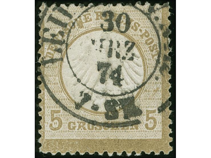 1872, 5 Gr. ockerbraun mit Plattenfehler “gebrochenes R in GROSCHEN” (Feld 131) mit klarem Teil-DKr. “LEIPZIG…30.MRZ.74”. Die