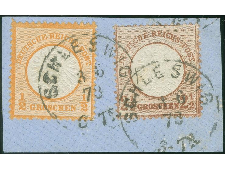 1872, 2½ Gr. mittelrotbraun im kleineren Format L15 und ½ Gr. orange je mit EKr. “SCHLEWIG 3.6.73” auf Briefstück. Die farbfr