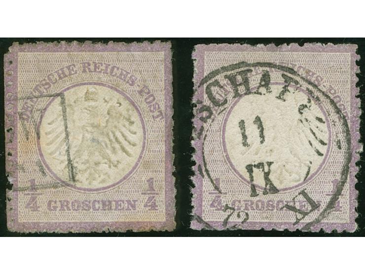 1872, ¼ Gr. grauviolett mit Zähnungsbesonderheit “ausgefallenes Zähnungsloch oben und unten in der 5. Position” (FZL ou5) und