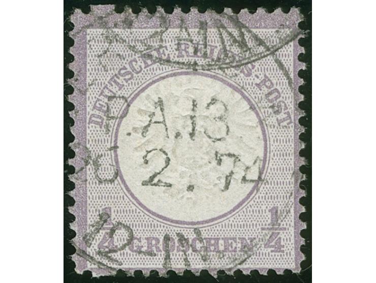 1872, ¼ Gr. grauviolett mit Zähnungsbesonderheit “ausgefallenes Zähnungsloch oben und unten in der 2. Position” (FZL ou2), mi