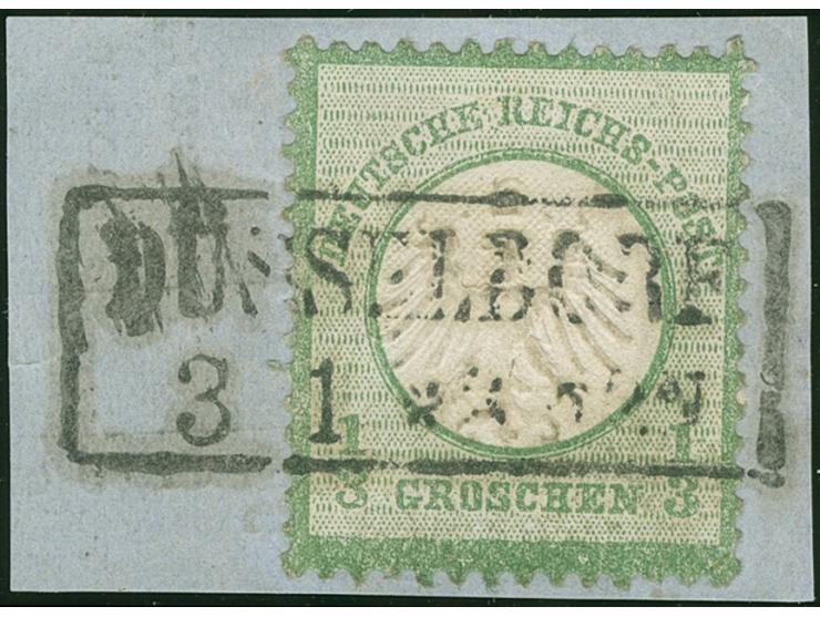 1872, ⅓ Gr. dunkelolivgrün mit Rahmenstempel “DÜSSELDORF 3.1.” auf Briefstück. Die farbfrische Marke ist gut geprägt, gut gez