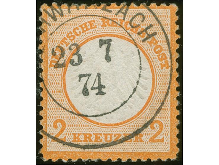 1872, 2 Kr. orange mit klarem Teilstempel “SCHWARZACH 23.8.74”. Die farbfrische Marke ist deutlich geprägt, gut gezähnt und i