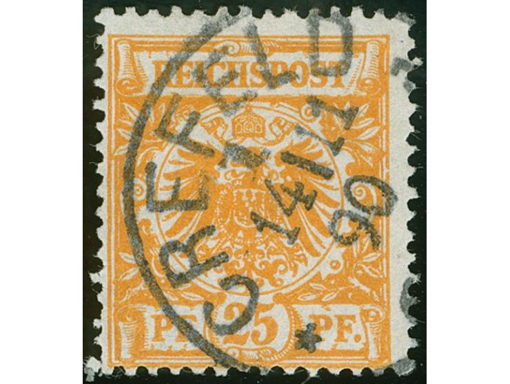 1890, Krone/Adler 25 Pfg. gelborange auf sehr dünnem Papier, farbfrisch mit klarem EKr. “CREFELD 1 14.11.90”, in einwandfreie