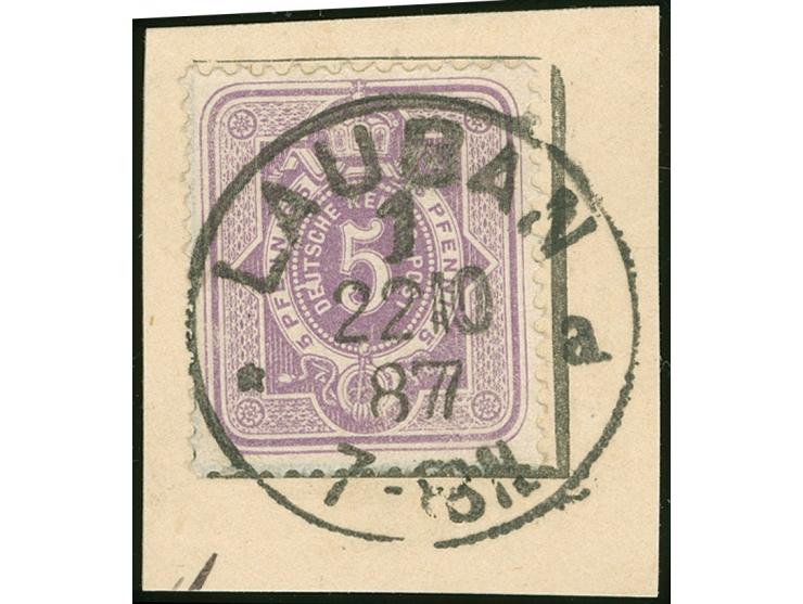 1880, 5 Pfg. violett mit Plattenfehler “U in DEUTSCHE links verdickt und oben verlängert, dicker weißer Punkt rechts unten am