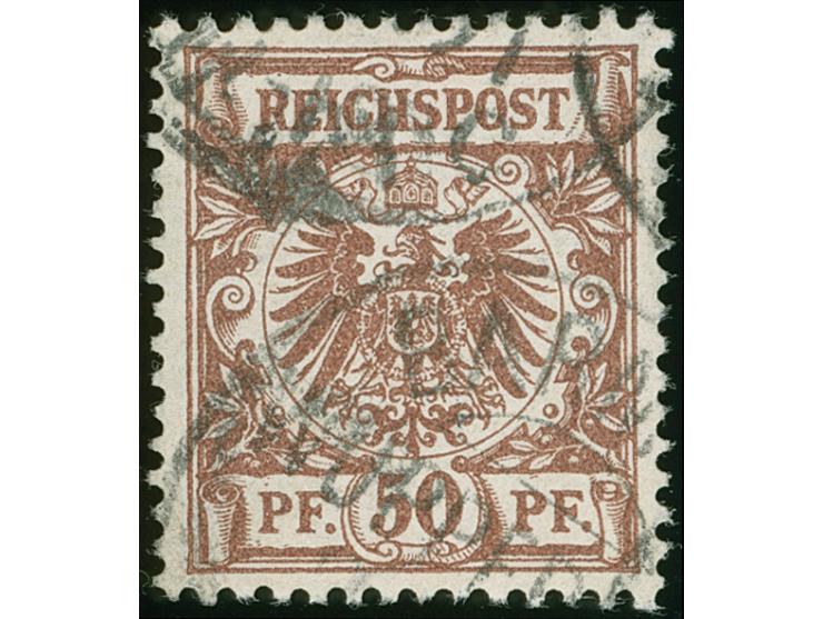 1890, Krone/Adler lebhaftrötlichbraun mit Plattenfehler “keilförmige weiße Stelle an der rechten oberen Banderolle”, gestempe