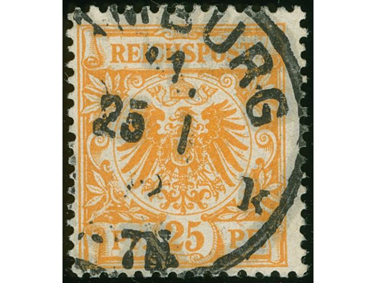 1890, Krone/Adler 25 Pfg. gelblichorange mit Plattenfehler “großer weißer Fleck über zweitem S von REICHSPOST”, sauber gestem