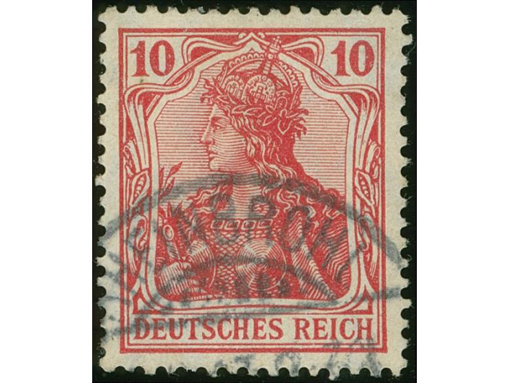 1905, 10 Pfg. dunkelrosarot, sauber gestempelt, unten mit verkürztem Zahn, ansonsten in einwandfreier Erhaltung, Fotoattest J