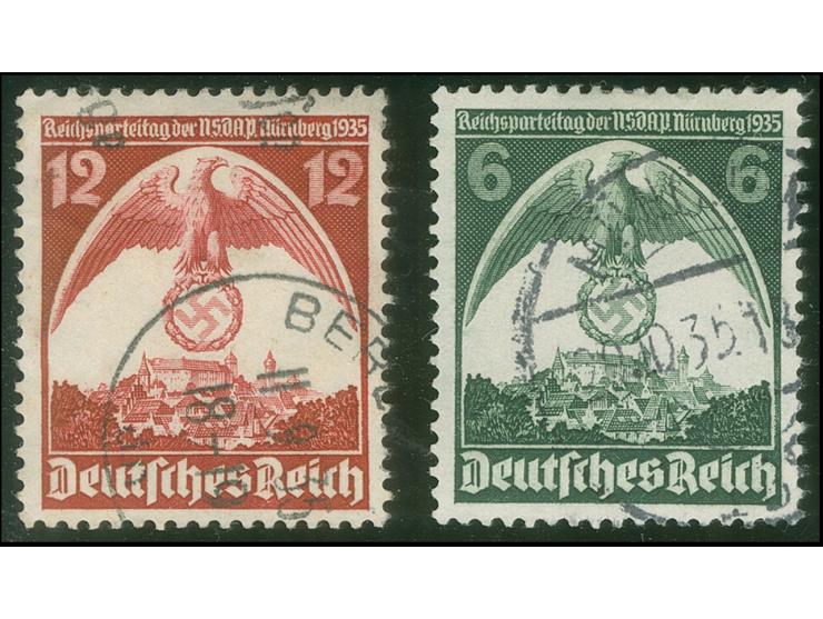 1935, Reichsparteitag 6 und 12 Pfg. mit seitenverkehrtem Wasserzeichen, gestempelt, mit üblicher, unregelmäßiger Zähnung, jew