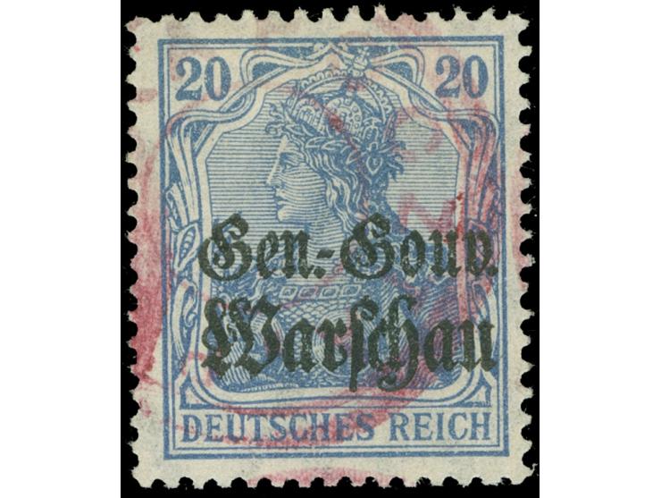 1918, Germania 20 Pfg. blau, mit rotem, rundem Handstempel "POLSKA POSZTA", sauber ungebraucht, tadellos, u. a. signiert L. S