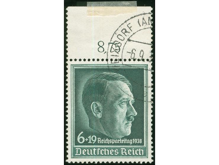 1938, Reichsparteitag 6 Pfg. mit waagerechter Gummiriffelung, Oberrandstück (dort Falzrest), sauber gestempelt, in einwandfre