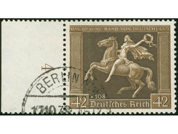 1938, Braune Band 42 Pfg. mit senkrechter Gummiriffelung, mit angetrenntem Bogenrand, sauber gestempelt, in einwandfreier Erh