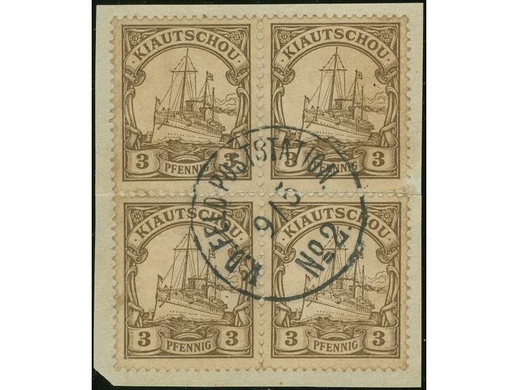 Petschili-Ausgaben: 1901, Kiautschou Kaiseryacht 3 Pfg., zwei waagerechte Paare, ehemals Viererblock, mit zentrischem Stempel