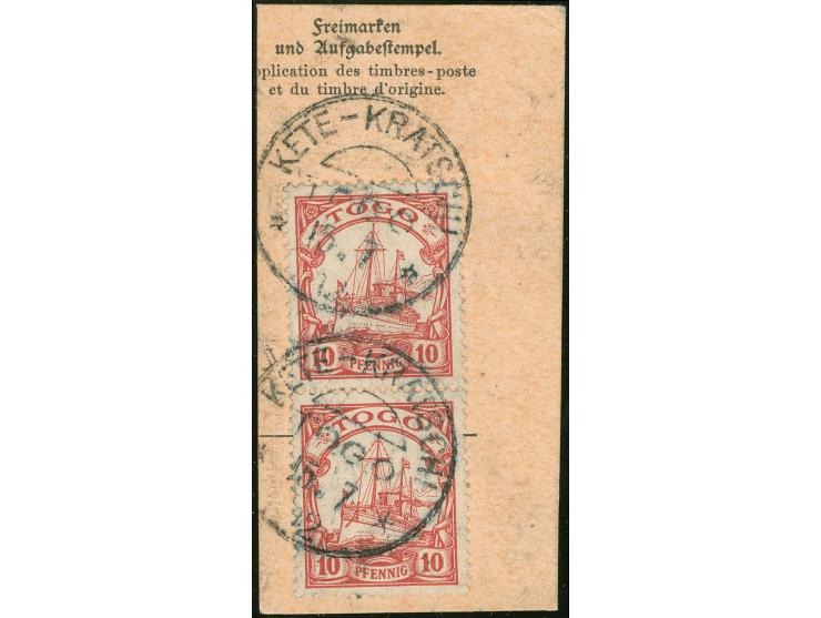 “KETE-KRATSCHI / TOGO / 15.7 12”, auf 1900 Kaiseryacht 10 Pfg. im senkrechten Paar auf Paketkarten-Briefstück, einwandfrei, d