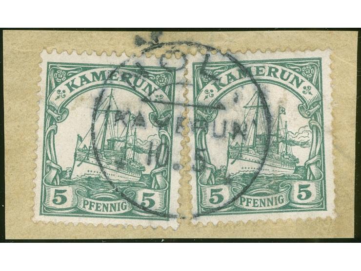 “NOLA / (KAMERUN) / 10.5”, kompletter Abschlag ohne Jahreszahl auf zwei Einzelwerte Kaiseryacht 5 Pfg., rechte Marke teils wi