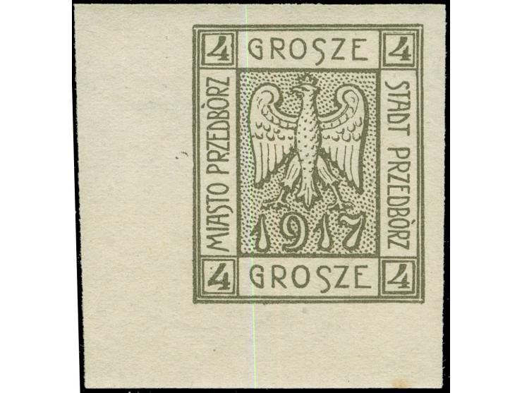 1917, Wappenzeichnung 4 Gr. olivgrau, geschnittener Probedruck, linkes unteres Eckrandstück, postfrisch, im unteren Bogenrand
