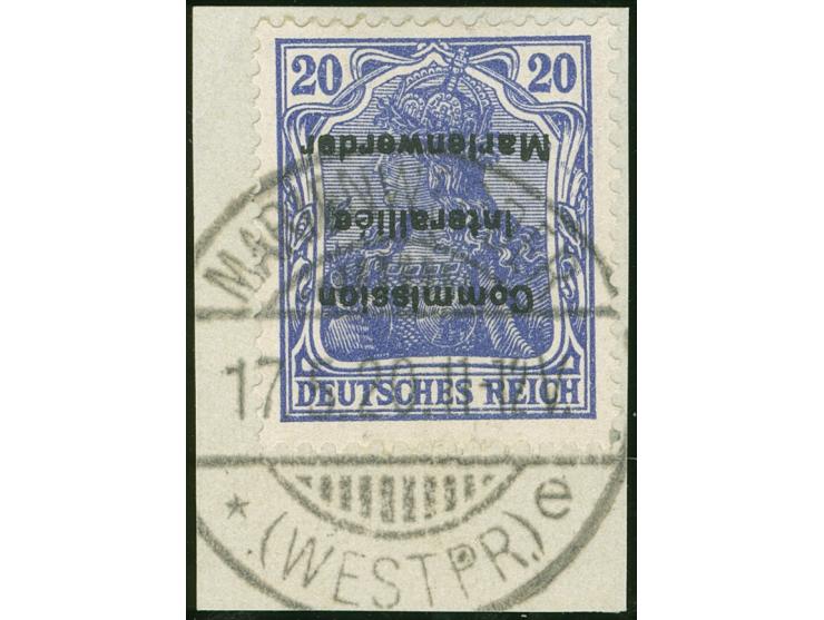 1920, Germania 20 Pfg. dunkelviolettblau, kopfstehender Aufdruck in Type AI, sauber gestempelt “MARIENWERDER * (WESTPR.) e 17