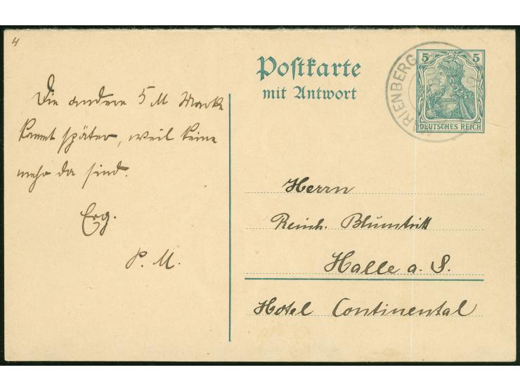 “MARIENBERG / KAMERUN 2.7 12”, sehr klar auf Frageteil Doppelkarte Germania 5 Pfg. mit etwas Text nach Halle, einwandfrei