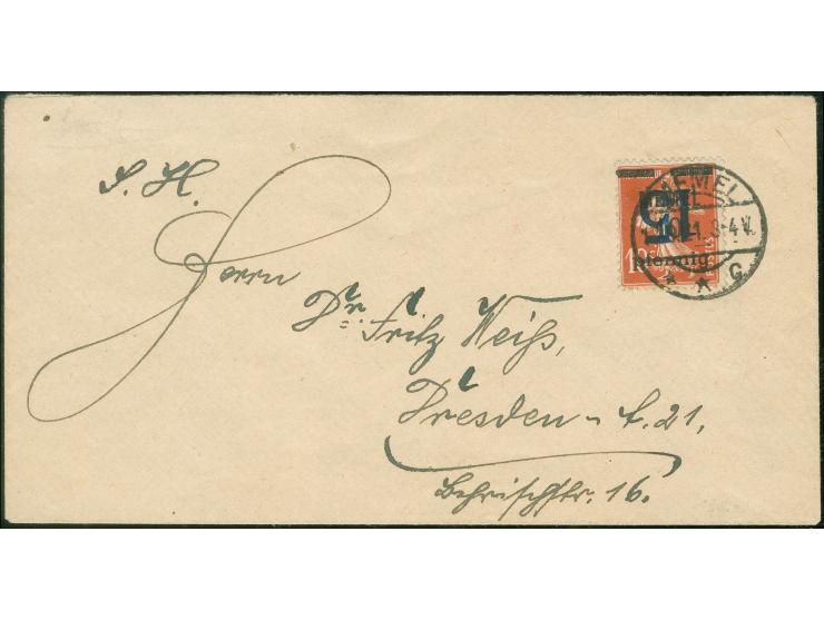 1921, Steindruck-Ergänzungswerte 15 auf 10 pfg. auf 10 C., kopfstehender Aufdruck, mit Stempel “MEMEL ** c 11.9.41” auf als D