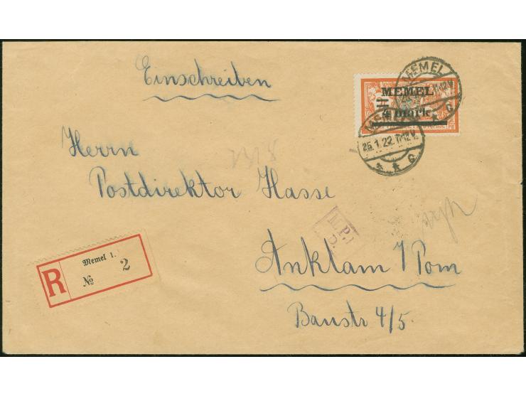 1920, Freimarke 4m. auf 2 fr. rötlichorange/hellgrünblau, mit Aufdruckfehler „Wertziffer 4 verdickt“ mit Stempel „MEMEL 25.1.