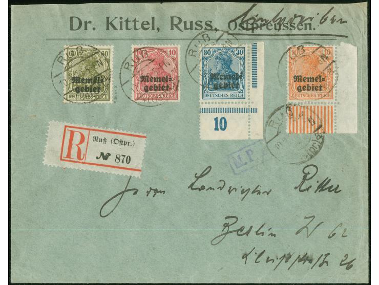 1920, Germania 10 Pfg. orange und 30 Pfg. blau, je aus der rechten unteren Bogenecke (Walzen- bzw. Plattendruck) mit Zufranka