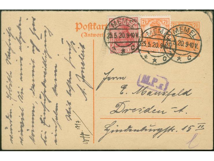 1920, Germania 7 ½ Pfg. Ganzsachenkarte mit Zufrankatur 7 ½ Pfg. und 10 Pfg. Germania, mit Stempel “MEMEL c 25.5.20” auf irrt