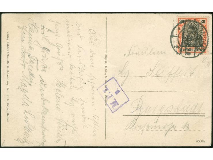 1920, Germania Kriegsdruck 30 Pfg. dunkelrotorange/schwarz auf mittelchromgelb, mit Stempel “MEMEL * 1 f 6.7.20” auf Ansichts