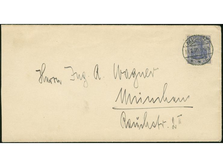 1920, Germania Kriegsdruck 20 Pfg ultramarin, mit Stempel “MEMEL ** c 17.2.20” als portogerechte Einzelfrankatur auf Fernbrie