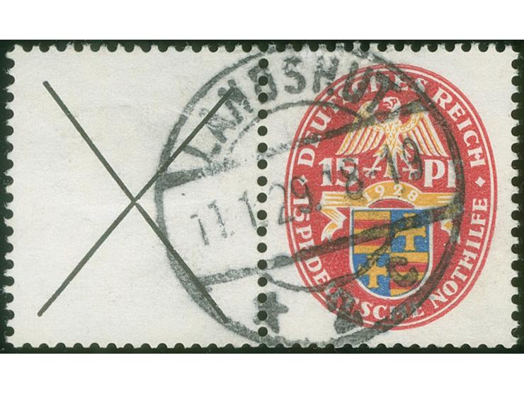 1928, Nothilfe X + 15 Pfg. waagerecht, typische Heftchenblattzähnung, sauber gestempelt “LANDSHUT 11.1.29”, tadellos, Foto-Be