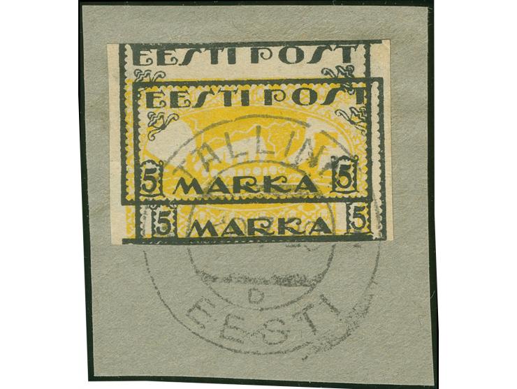 1918, Viking ship 5 M. black/orange-yellow on white papier, double print of the black frame, used “TALLINN ..7.20” on piece, 