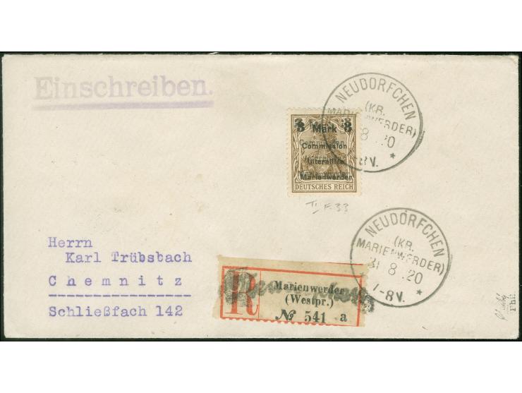 1920, Germania 3 M. auf 3 Pfg. dunkelorangebraun, doppelter Aufdruck, mit Stempel “NEDORFCHEN 31.8.20” auf “Trübsbach”-R-Brie