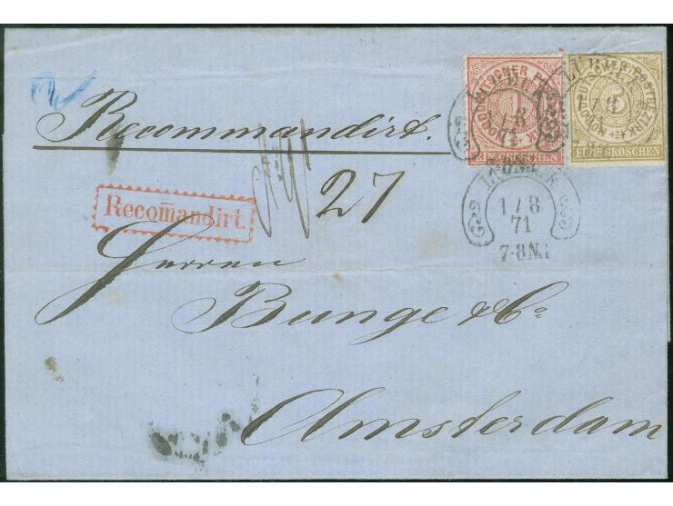 5 Gr. ocker, zusammen mit gezähnter Ausgabe 1 Gr., mit Hufeisenstempel "LÜBECK 1/8 71" auf eingeschriebener Briefhülle nach A