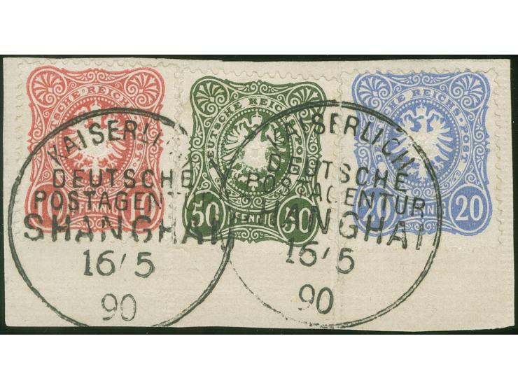1886/89, Pfennig 10 Pfg. lebhaftrotkarmin, 20 Pfg. dunkelultramarin und 50 Pfg. dunkelgraugrün, mit Stempel “KDPAG SHANGHAI 1