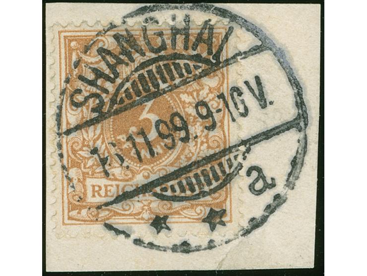 1898, Krone/Adler 3 Pfg. hellockerbraun, gestempelt mit Räderstempel “SHANGHAI a 16.11.99” auf Briefstück, tadellos, seltene 