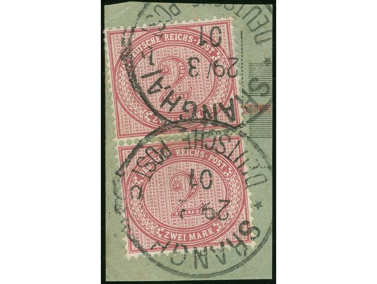 1890/1901, Innendienst 2 M. rötlichkarmin, senkrechtes Paar mit Stempel “SHANGHAI DEUTSCHE POST * b 29/3 01” auf Paketkartena