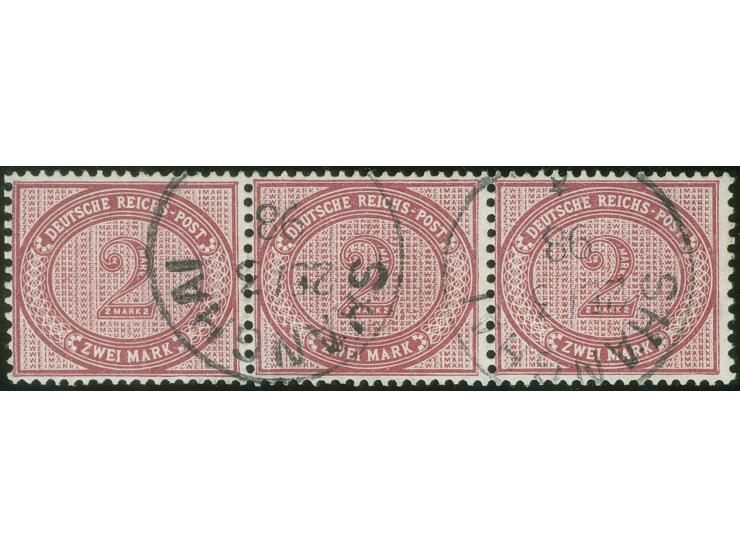 1890/1901, Innendienst 2 M. dunkelrotkarmin, waagerechter Dreierstreifen mit Plattenfehlern “große Unterbrechung in der Guill