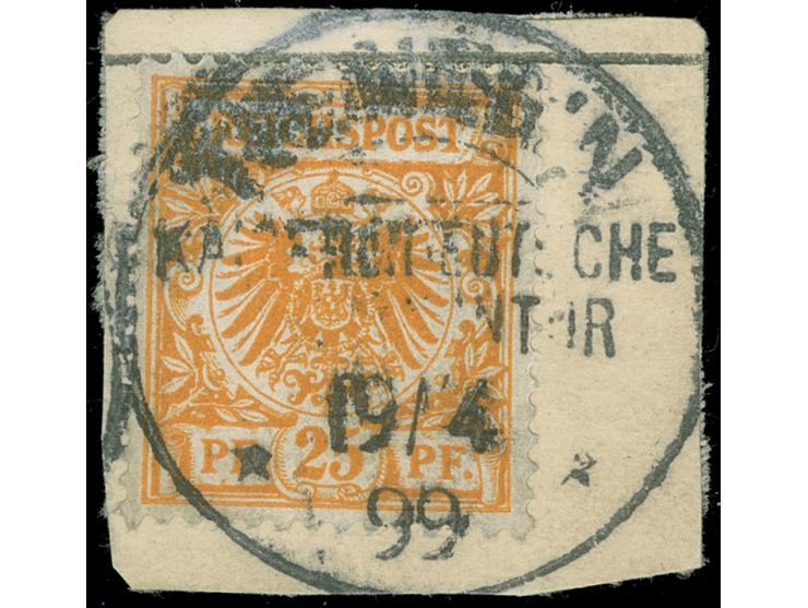 1898, Krone/Adler 25 Pfg. gelblichorange, gestempelt “TIENTSIN KDPAG 19/4 99” auf Briefstück, tadellos, Fotobefund Steuer BPP