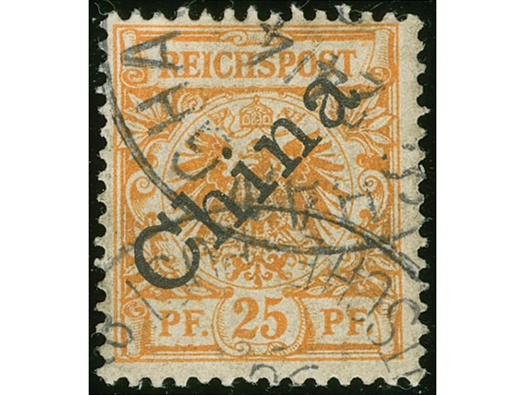 1898, Diagonalaufdruck 25 Pfg. gelblichorange, mit Plattenfehler “I in Reichspost oben gespalten”, sauber gestempelt “SHANGHA