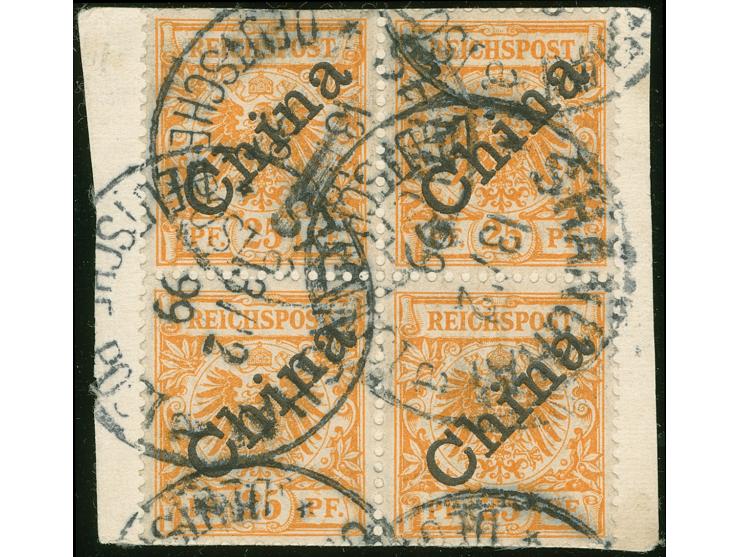 1898, Diagonalaufdruck 25 Pfg. gelblichorange, Viererblock mit Plattenfehler “I in Reichspost oben rechts ausgebrochen” auf d