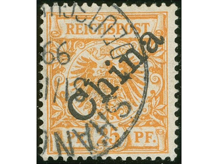 1898, Diagonalaufdruck 25 Pfg. gelblichorange, mit Plattenfehler “I von Reichspost oben rechts ausgebrochen”, sauber gestempe