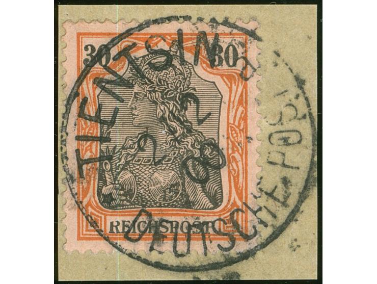1900/02, Petschili Germania 30 Pfg. rötlichorange/rotschwarz auf mattgelblichorange, mit Plattenfehler “Kopf des R von Reichs