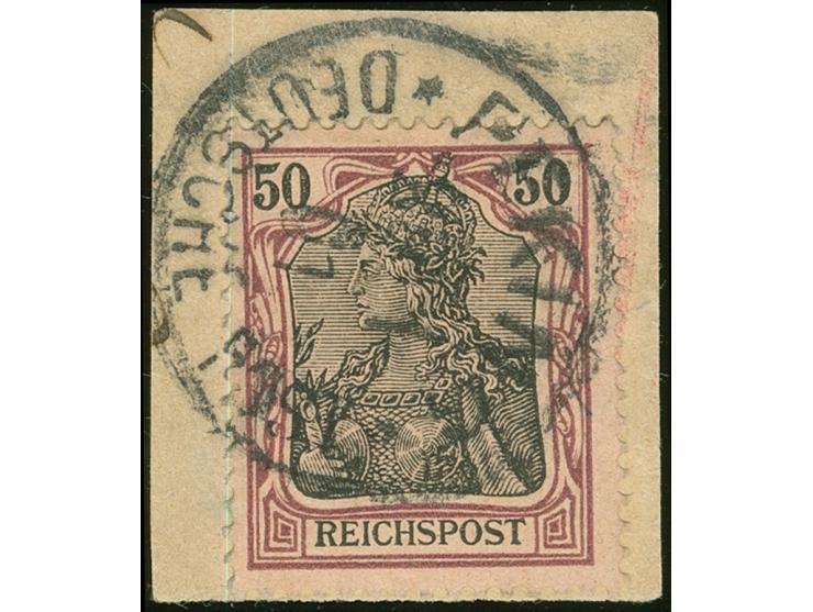 1900/02, Petschili Germania 50 Pfg. dunkelbräunlichlila/rotschwarz auf mattbraunorange, mit Plattenfehler “obere Randlinie na