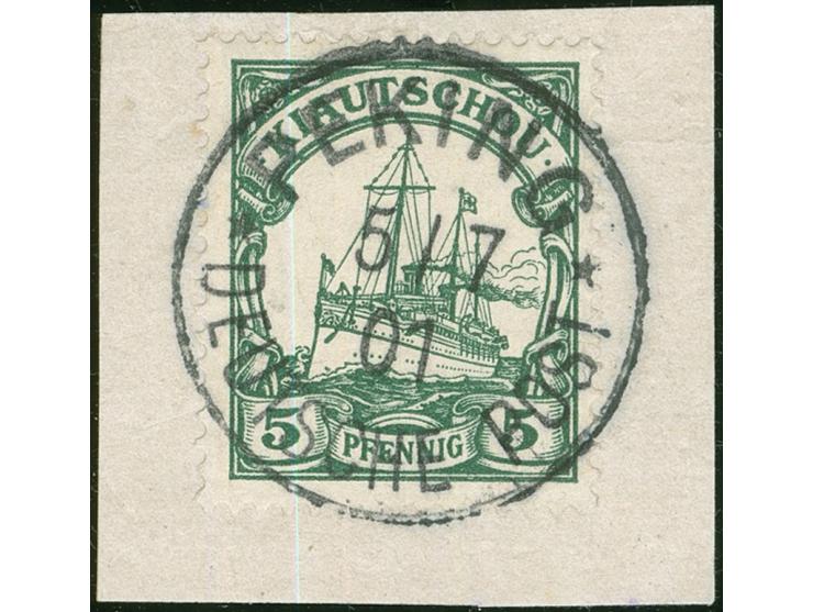 1901/02, Petschili Kiautschou 5 Pfg. dunkelgrün, sauber gestempelt “PEKING 5/7 01” auf Briefstück, tadellos, sign. Bothe