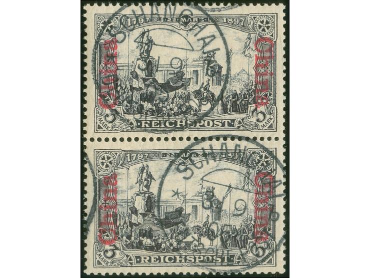 1901, Germania Reichspost 3 M. violettschwarz, senkrechtes Typenpaar mit oberer Marke in Type II, sauber gestempelt “SCHANGHA